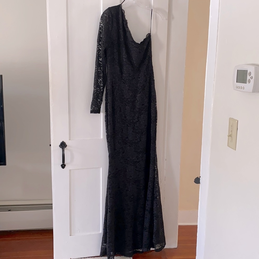 Windsor off shoulder asymmetrical black lace gown